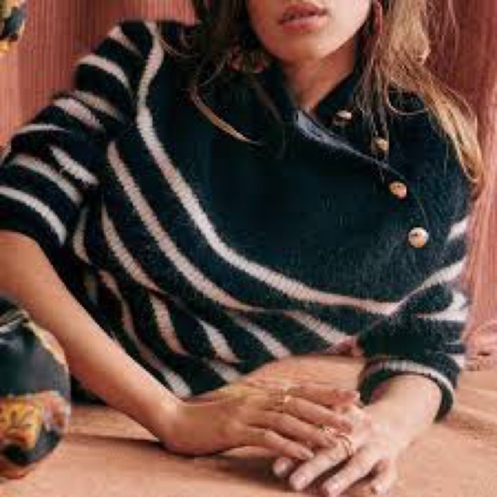 SEZANE Navy Blue & White Striped Alpaca Wool Sweater Fuzzy Preppy Trudy Jumper - Picture 10 of 16